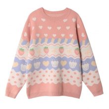 Pink Cartoon Strawberry Embroidery Sweet Style Knitted Pullover Women Sweaters 2021 Summer New Full Sleeve O-neck Female Tops