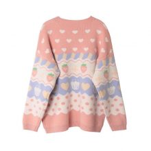 Pink Cartoon Strawberry Embroidery Sweet Style Knitted Pullover Women Sweaters 2021 Summer New Full Sleeve O-neck Female Tops