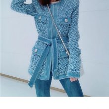 Vintage Blue Denim Jacket With Belt Waisted Ripped Hole Women Coat 2020 Autumn Long Sleeve Pockets Streetwear New